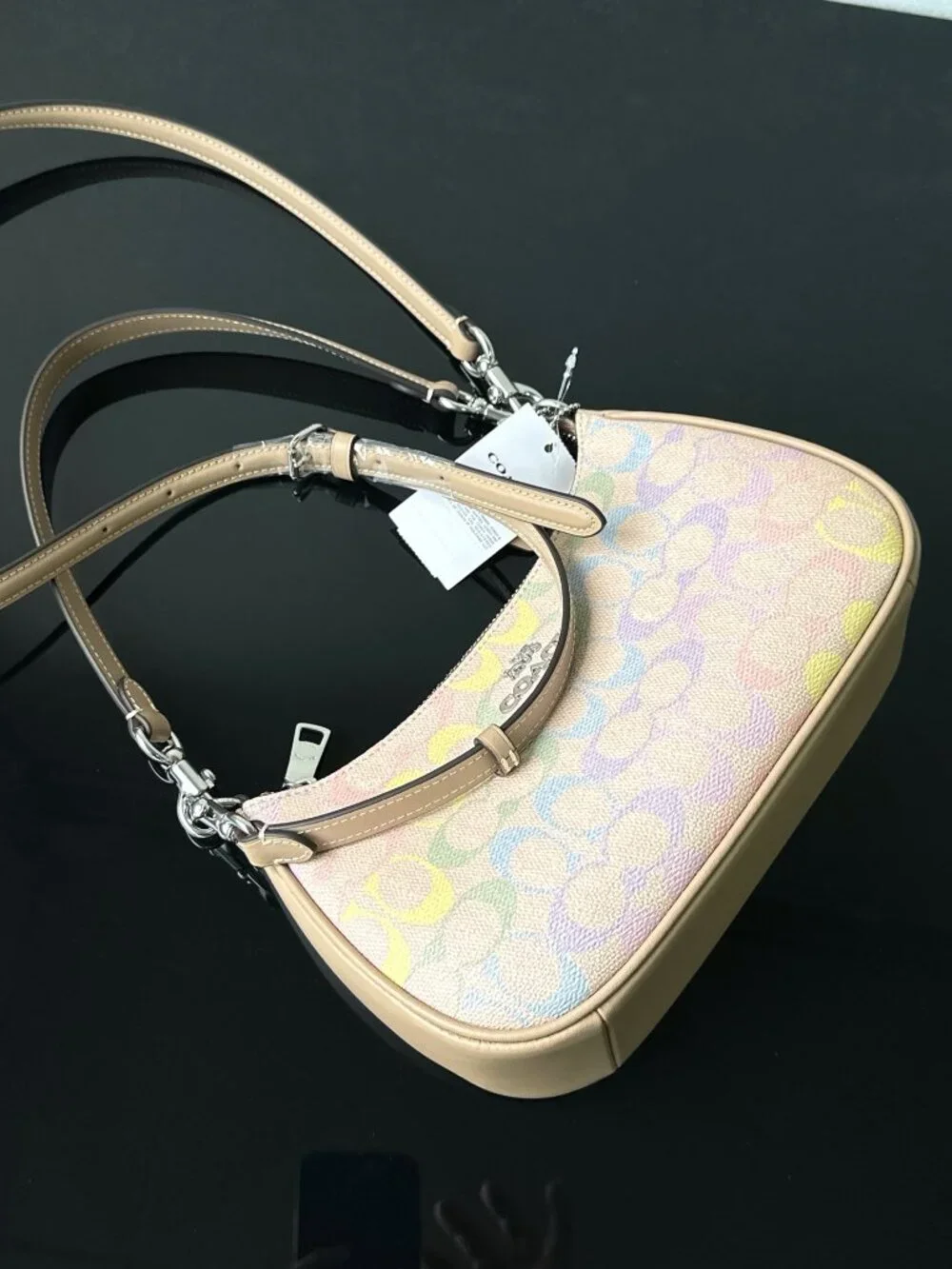 🌈Coach Pastel Rainbow Signature Shoulder Bag Dual Straps Crossbody Purse